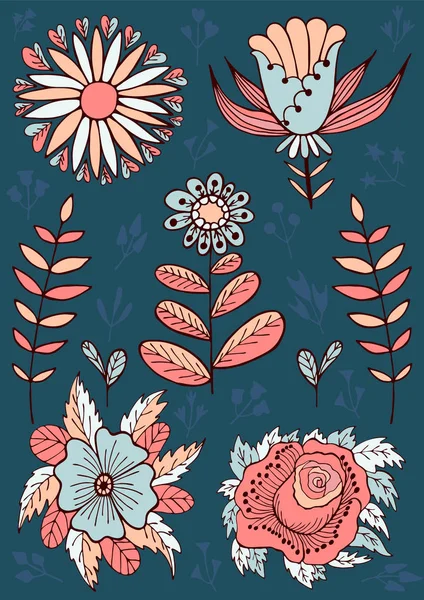 Blumen Sommer Vektor Illustration Umriss Farbe Hand Zeichnung Set — Stockvektor