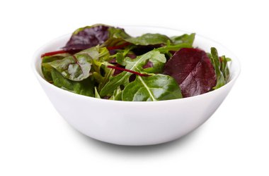 Salata karışımı ile rucola, radicchio ve ıspanak üzerinde beyaz adam beyaz kase