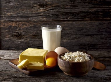 Süt cam, tereyağı ve yumurta bir ahşap zemin üzerinde. Yazlık c