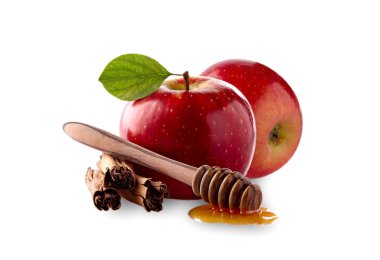 Yaprağı, tarçın ve bal beyaz zemin üzerine kırmızı elma