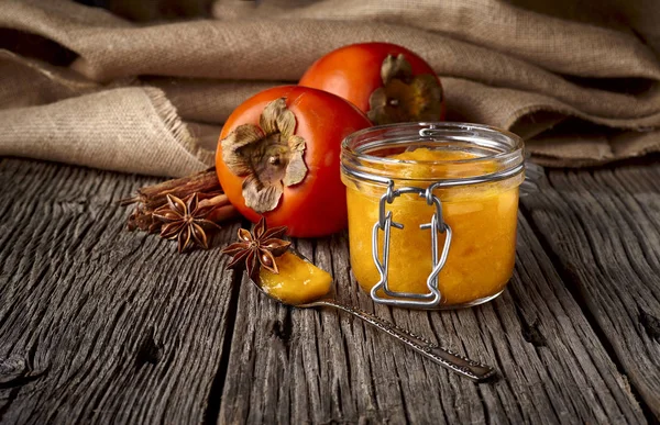 Persimmon Jam Marmalade Wooden Background Close Photography — Stock Photo, Image