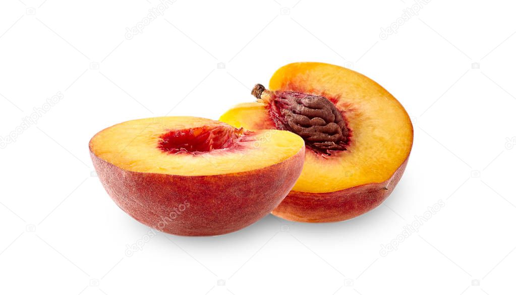 Two peach halves isolated
