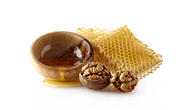 Tekutý Med Dřevěné Misce Honeycomb Ořech — Stock fotografie