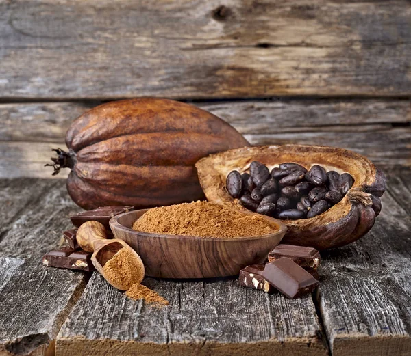 Polvo de cacao con granos de cacao y chocolate —  Fotos de Stock
