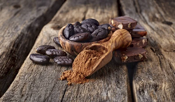 Polvo de cacao con granos de cacao y chocolate —  Fotos de Stock