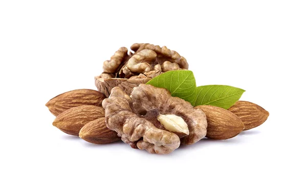 Walnuts with almonds in closeup with leaves on white background — Stock Photo, Image