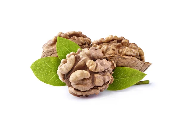 Vlašské ořechy v šatně s listy na bílém pozadí — Stock fotografie