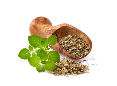 Oregano ya da marjoram yaprakları beyaz arka planda izole edilmiş. Kuru ve taze Oregano..