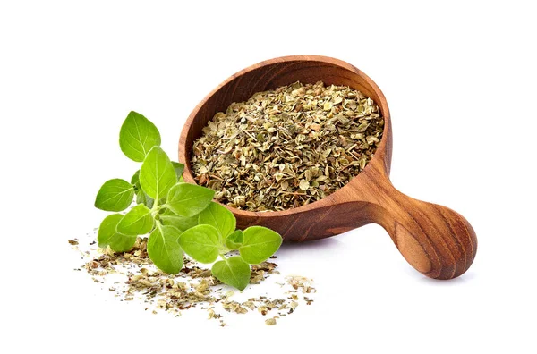 Oregano ya da marjoram yaprakları beyaz arka planda izole edilmiş. Kuru ve taze Oregano..