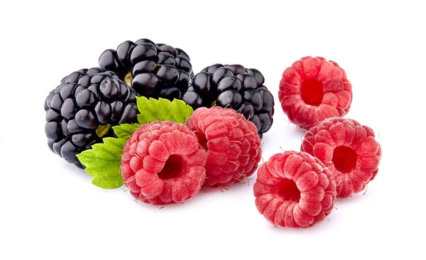 Raspberries Blackberry Isolated White Background Ripe Berries Isolated — Stock Photo, Image