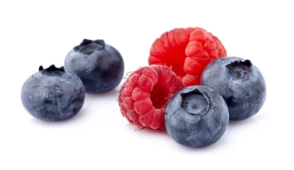 Raspberries Blueberries Isolated White Background Ripe Berries Isolated — Stock Photo, Image