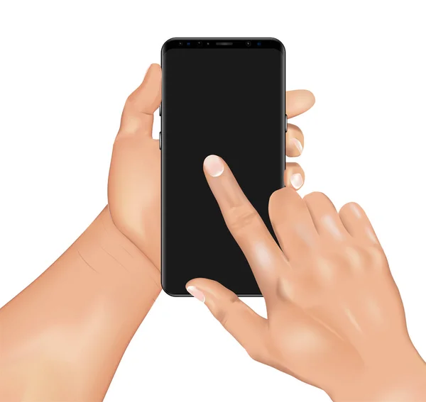 Vector 3D realista mano humana que sostiene el teléfono inteligente y la pantalla táctil — Vector de stock