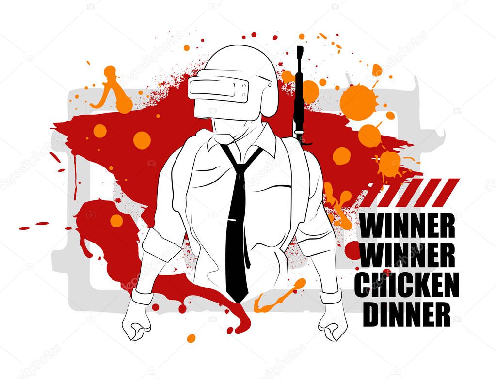 Playerunknowns Battlegrounds (PUBG) Poster and phrase from the game - winner winner chicken dinner. Vector illustration in grunge style. Game concept.