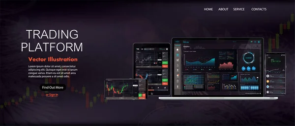 Szablon witryny sieci Web ekranu. Rynek Forex, wiadomości i analizy — Wektor stockowy