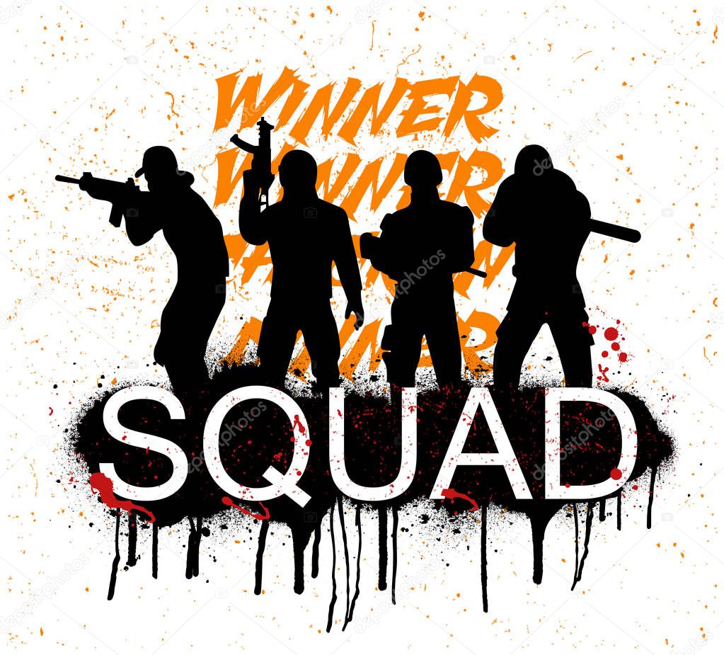A squad of 4 players. Silhouettes of 4 people in uniform. Vector illustration Squad