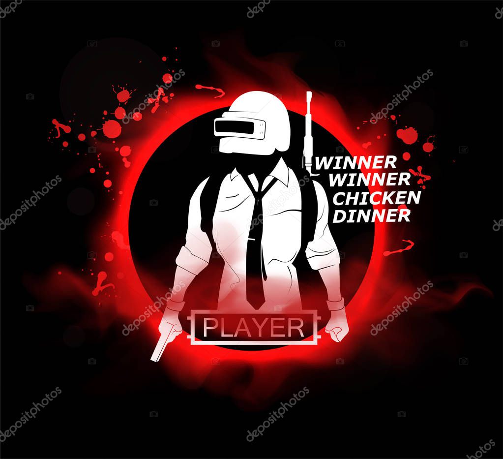 Playerunknown's Battlegrounds (PUBG) Poster and phrase from the game - winner winner chicken dinner. Vector illustration. Battle royale. Game concept