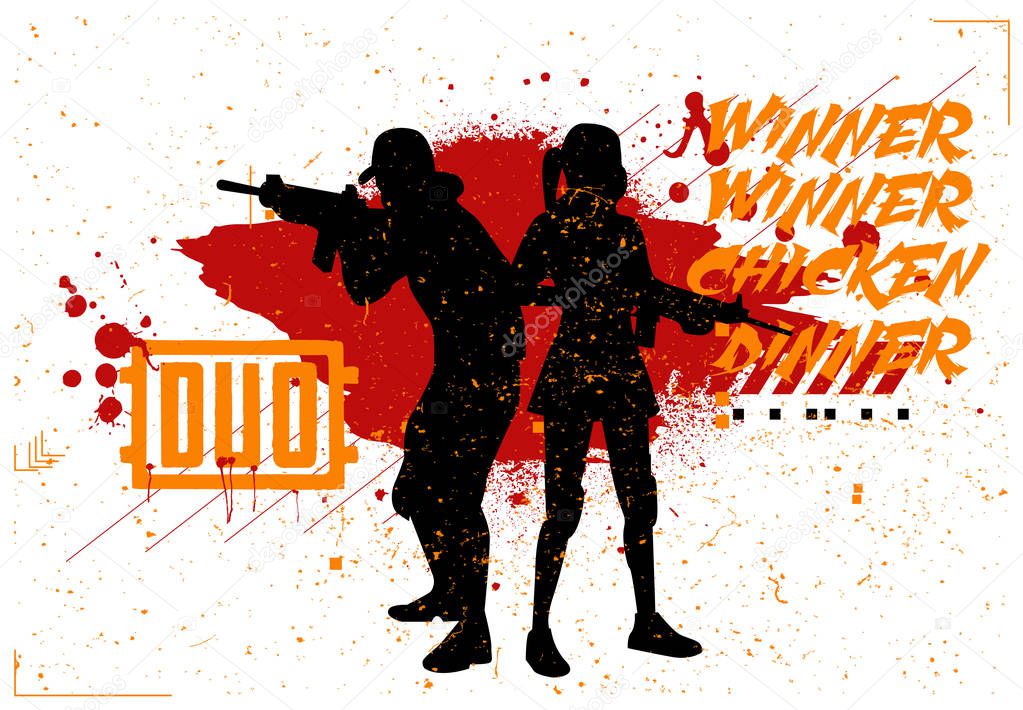 Duo woman and man in PUBG, military team, concept of games PlayerUnknowns Battlegrounds, silhouettes of military in style grunge and slogan: winner winner chicken dinner. Vector PUBG, grunge style