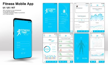Fitness App ekranlar, şablon uygulama UI Ux Kit hazır. Mobil uygulama giriş ekranı, veri analizi, eğitim programı seçimine kadar alay et. Fitness arayüz tasarımı mobil uygulama için