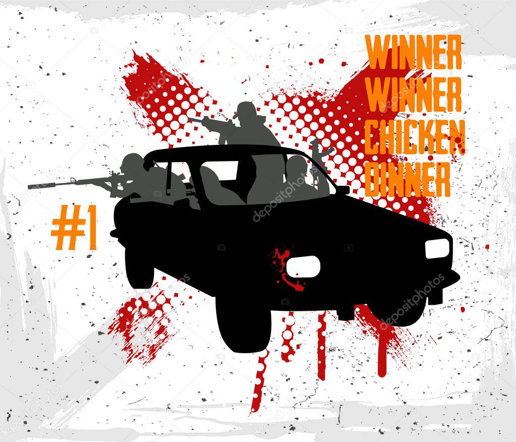 Squad rides by car and shoots. Vector illustration grunge style