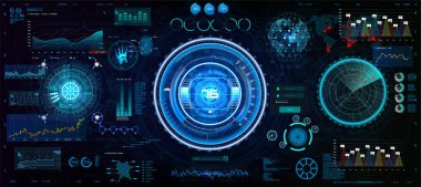 Hud arayüzü GUI, UI, Ux tasarım için ayarlayın. Head-Up stil, teknoloji öğeleri kümesi (boşluk, Pano, hologram, uzay gemisi, tıp, finans, analytics) mekanik düzeni Hud elektrik alanı. Vektör