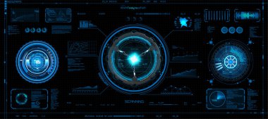 Hud, GUI stil fütüristik konsept. Ekran (Pano, fütüristik daire, alanı öğeleri, Infographics) vektör öğeleri kümesi Hud Sci Fi arabirimleri için. Merhaba tasarım teknoloji gelecek. Gökyüzü fi için Vr ve App.