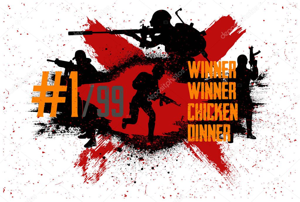 Playerunknowns Battlegrounds (PUBG) Poster and phrase from the game - winner winner chicken dinner. Vector pubg illustration in grunge style. Game squad concept