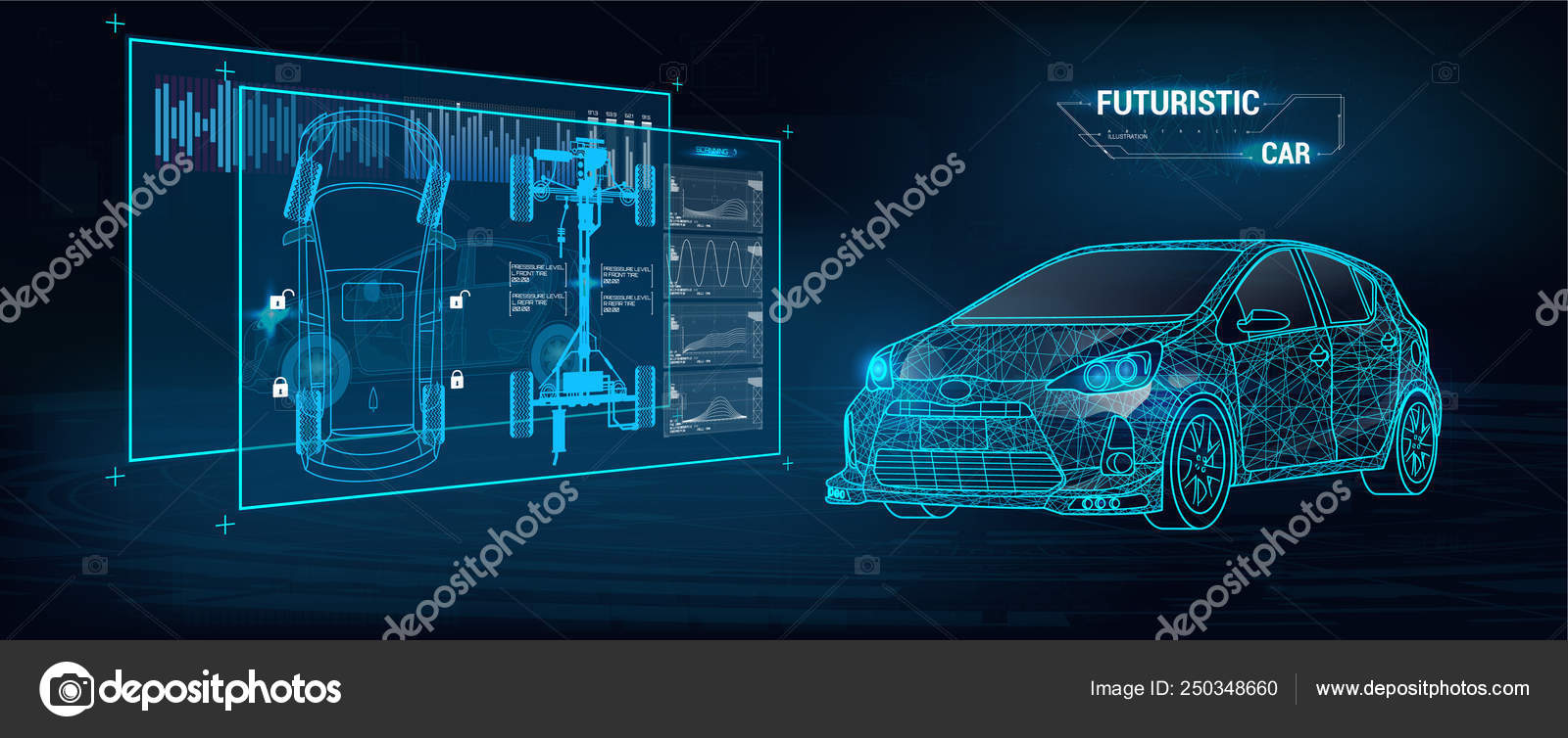 Car Auto Service, Modern Design HUD, Diagnostic Auto infographic.  Futuristic User Interface. Virtual Graphical Interface in Modern Style  (FUI, Auto Scanning, Analysis and Diagnostics) HUD Auto Repair Stock Vector