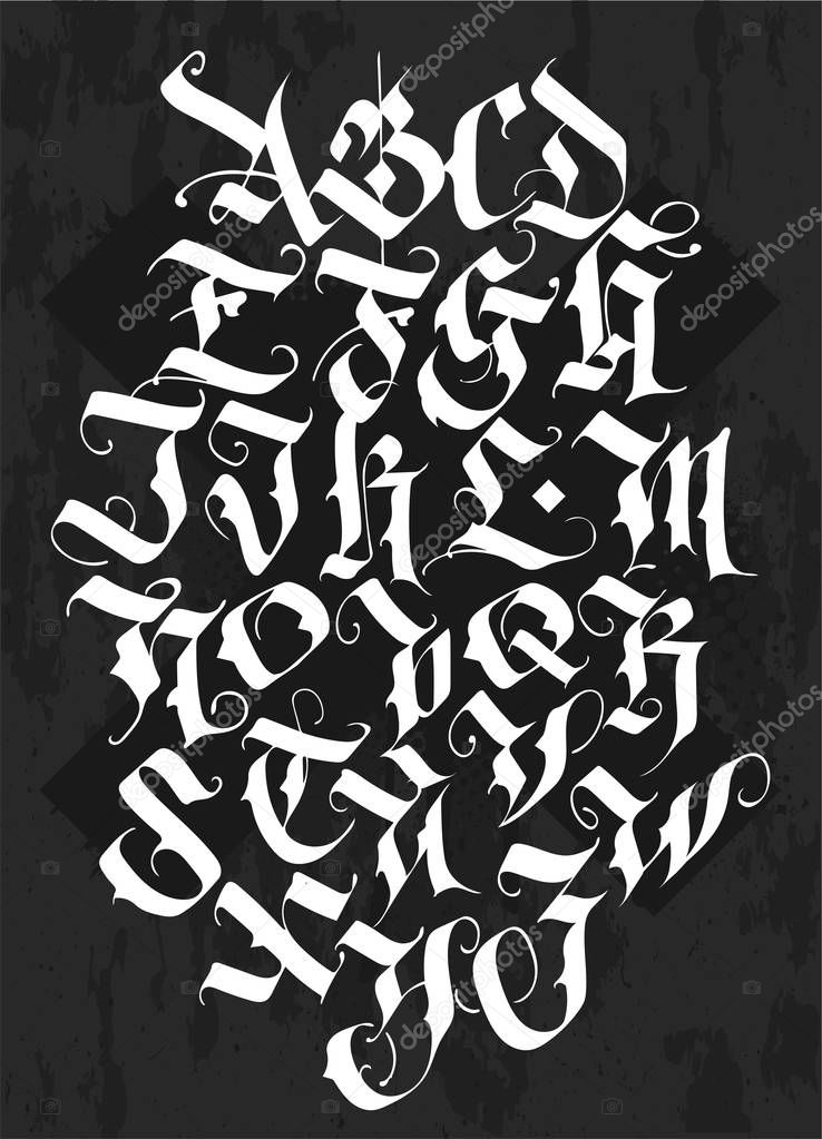 Full alphabet in the Gothic style. Vector. Letters and symbols on a black background. Calligraphy and lettering. Medieval Latin letters. Individual letters. Elegant font for your project