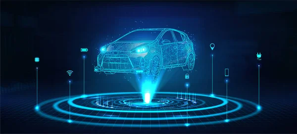 Auto hologramme, modèle polygonal futuriste auto — Image vectorielle