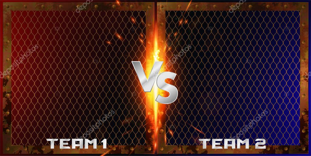 Team Versus Battle banner with collision of metal grids with sparks and inscriptions VS, team 1, team 2. Fight versus battle, MMA, Boxing, games. 3D metal letters VS on a red-blue background. Vector