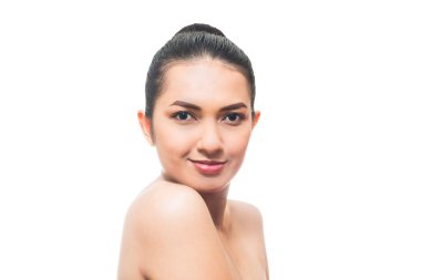 Güzellik Asyalı kadın portre yakın çekim yüz beyaz arka plan üzerinde izole