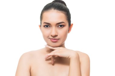 Güzellik Asyalı kadın portre yakın çekim yüz beyaz arka plan üzerinde izole