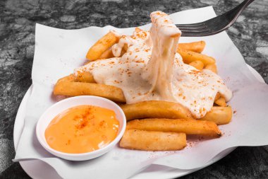 Patates kızartması chesse ile üst plaka üzerinde sos ile servis.