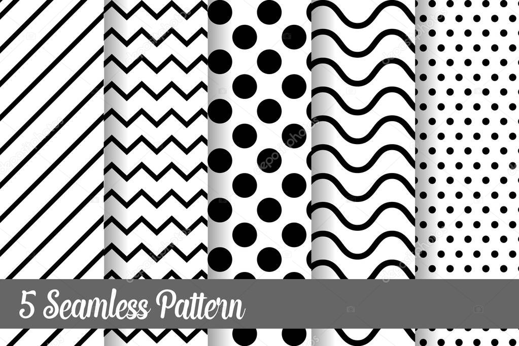 5 Black and white seamless pattern set vector background illustration