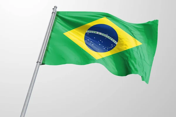 Białym Tle Flaga Brazylii Macha Realistyczne Brazylijski Flaga Świadczonych — Zdjęcie stockowe