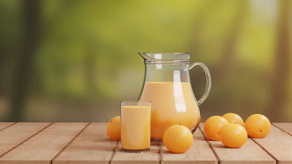 Suco Laranja Com Vidro Jarro Fundo Natureza Assoalho Madeira — Fotografia de Stock