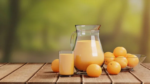 Apelsinjuice Med Glas Och Tillbringare Trägolv Natur Bakgrund — Stockfoto