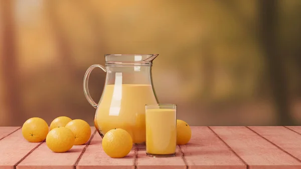 Suco Laranja Com Vidro Jarro Fundo Natureza Assoalho Madeira — Fotografia de Stock