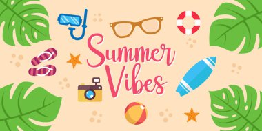 Plaj Vektörü İllüstrasyonunda Yaz Tatili. Yaz tatili Vector düz tasarım çizimi. Pankart, el ilanı, davetiye, poster ve broşür için soyut yaz arkaplan tasarımı şablonu.