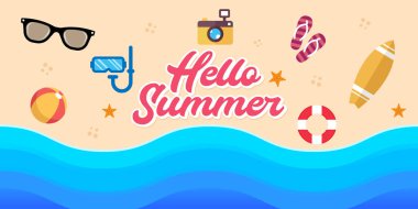 Plaj Vektörü İllüstrasyonunda Yaz Tatili. Yaz tatili Vector düz tasarım çizimi. Pankart, el ilanı, davetiye, poster ve broşür için soyut yaz arkaplan tasarımı şablonu.