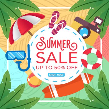 Yaz Satışı Sancak Vektör Tasarımı Çizimi. Afiş, el ilanı, davetiye, poster ve broşür için soyut Summer Sale tasarım şablonu. Yaz İndirimi Vektörü düz tasarım çizimi.