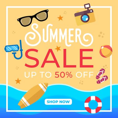 Yaz Satışı Sancak Vektör Tasarımı Çizimi. Afiş, el ilanı, davetiye, poster ve broşür için soyut Summer Sale tasarım şablonu. Yaz İndirimi Vektörü düz tasarım çizimi.