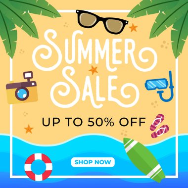 Yaz Satışı Sancak Vektör Tasarımı Çizimi. Afiş, el ilanı, davetiye, poster ve broşür için soyut Summer Sale tasarım şablonu. Yaz İndirimi Vektörü düz tasarım çizimi.