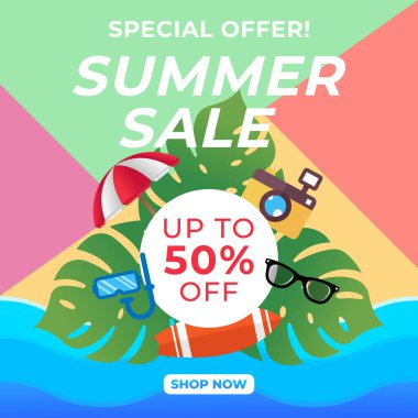 Yaz Satışı Sancak Vektör Tasarımı Çizimi. Afiş, el ilanı, davetiye, poster ve broşür için soyut Summer Sale tasarım şablonu. Yaz İndirimi Vektörü düz tasarım çizimi.