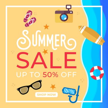 Yaz Satışı Sancak Vektör Tasarımı Çizimi. Afiş, el ilanı, davetiye, poster ve broşür için soyut Summer Sale tasarım şablonu. Yaz İndirimi Vektörü düz tasarım çizimi.