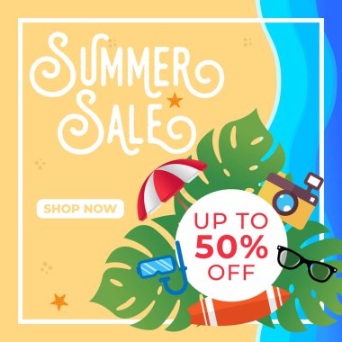 Yaz Satışı Sancak Vektör Tasarımı Çizimi. Afiş, el ilanı, davetiye, poster ve broşür için soyut Summer Sale tasarım şablonu. Yaz İndirimi Vektörü düz tasarım çizimi.
