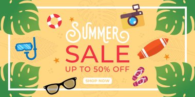 Yaz Satışı Sancak Vektör Tasarımı Çizimi. Afiş, el ilanı, davetiye, poster ve broşür için soyut Summer Sale tasarım şablonu. Yaz İndirimi Vektörü düz tasarım çizimi.