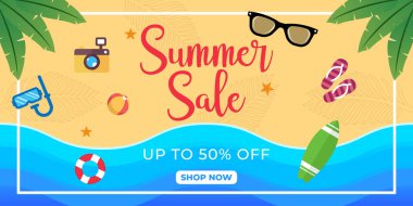 Yaz Satışı Sancak Vektör Tasarımı Çizimi. Afiş, el ilanı, davetiye, poster ve broşür için soyut Summer Sale tasarım şablonu. Yaz İndirimi Vektörü düz tasarım çizimi.