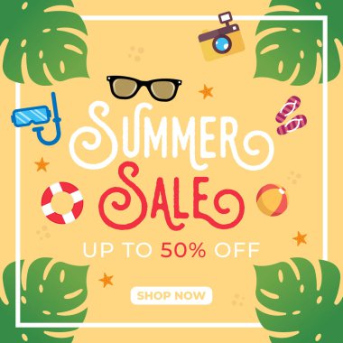 Yaz Satışı Sancak Vektör Tasarımı Çizimi. Afiş, el ilanı, davetiye, poster ve broşür için soyut Summer Sale tasarım şablonu. Yaz İndirimi Vektörü düz tasarım çizimi.