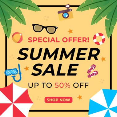 Yaz Satışı Sancak Vektör Tasarımı Çizimi. Afiş, el ilanı, davetiye, poster ve broşür için soyut Summer Sale tasarım şablonu. Yaz İndirimi Vektörü düz tasarım çizimi.